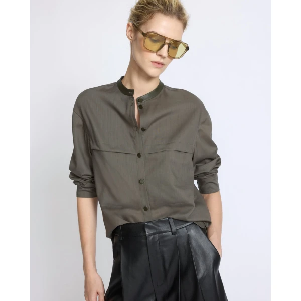 Yves Salomon Wool Voile Shirt with Leather Details in Grey Khaki | Shirts | Luxury Shoes 