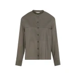 Yves Salomon Wool Voile Shirt with Leather Details in Grey Khaki | Shirts | Luxury Shoes 