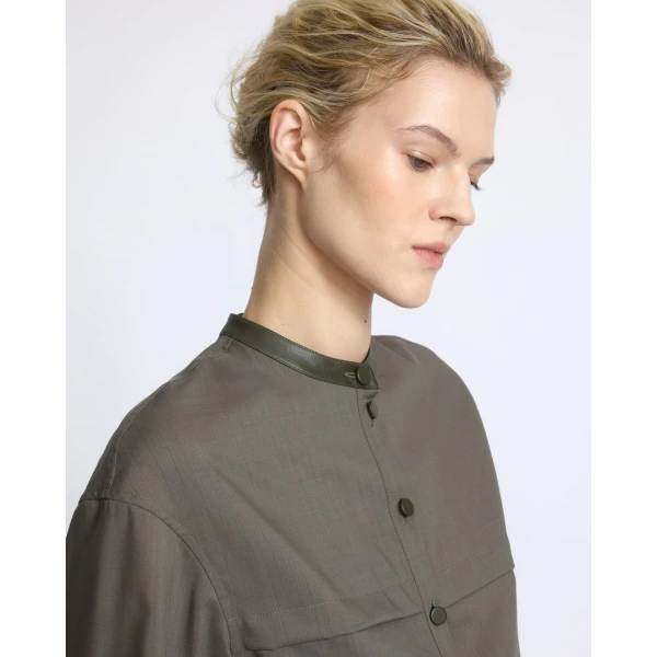 Yves Salomon Wool Voile Shirt with Leather Details in Grey Khaki | Shirts | Luxury Shoes 