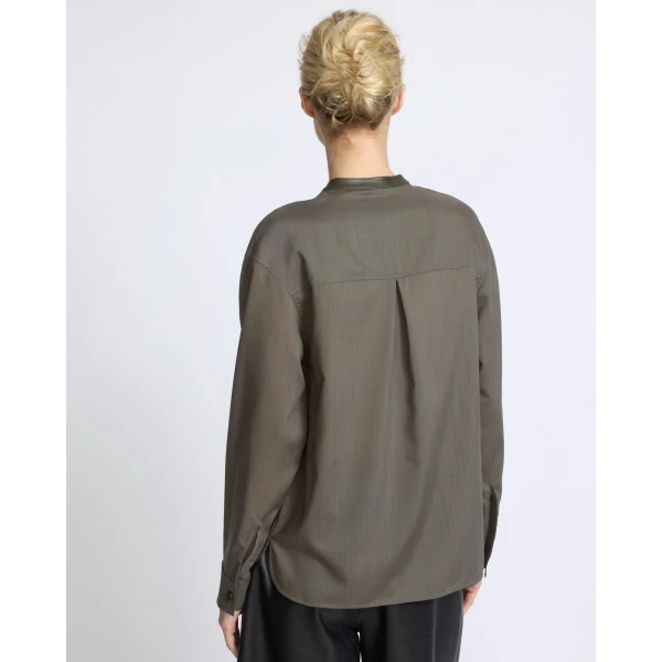 Yves Salomon Wool Voile Shirt with Leather Details in Grey Khaki | Shirts | Luxury Shoes 