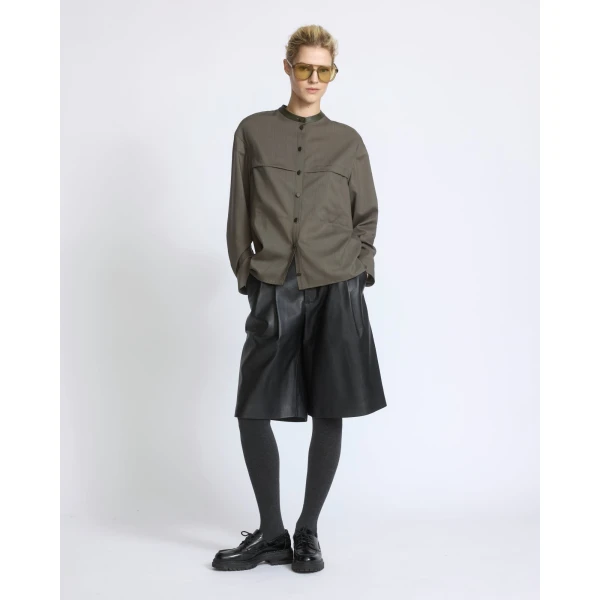 Yves Salomon Wool Voile Shirt with Leather Details in Grey Khaki | Shirts | Luxury Shoes 