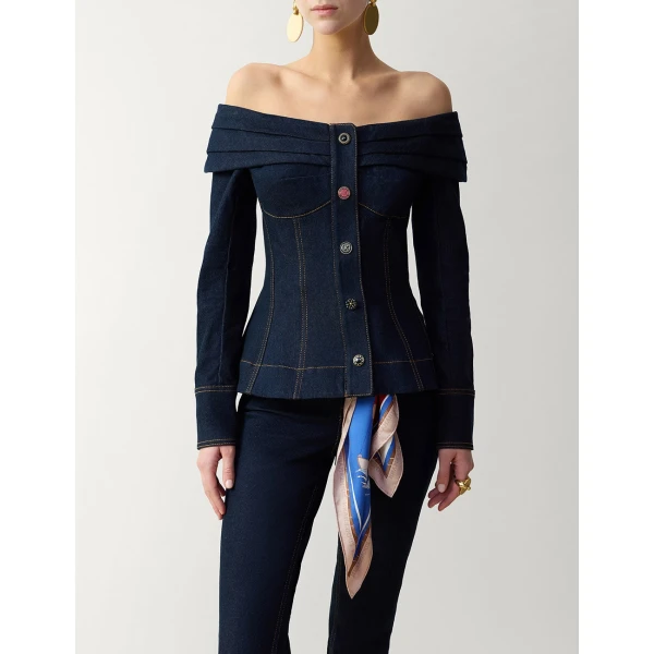 Zimmermann Clash Denim Boatneck Top in Blue | Tops | Luxury Shoes , view 2