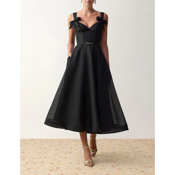 Zimmermann Clash Print Bow Midi Dress in Black | Midi Dresses | Luxury Shoes , view 2