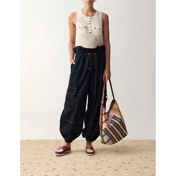 Zimmermann Denim Drawstring Cargo Pant in Blue | Denim | Luxury Shoes , view 2