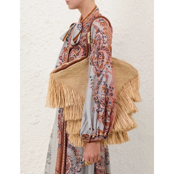 Zimmermann Goldentime Medium Fringe Tote in Beige, view 2