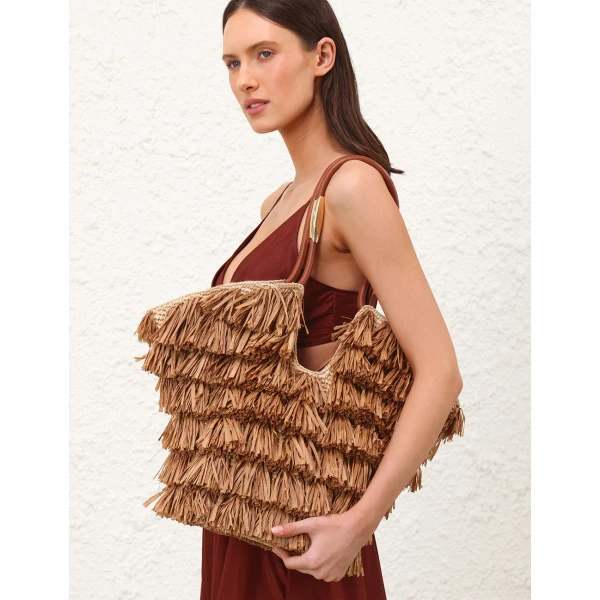 Zimmermann Goldentime Medium Fringe Tote in Beige, view 2