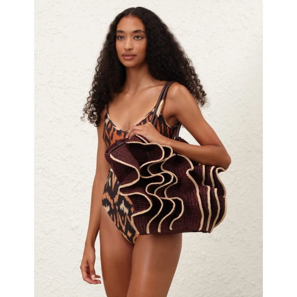 Zimmermann Goldentime Medium Ruffle Tote in Brown, view 2