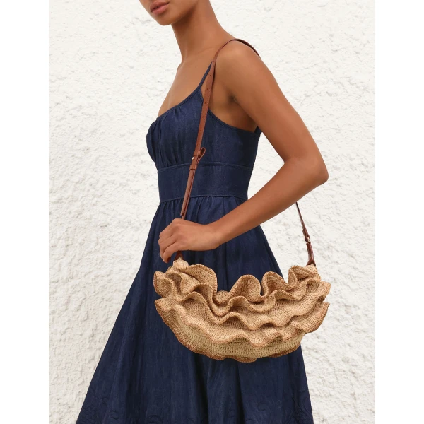 Zimmermann Goldentime Ruffle Shoulder Bag in Beige, view 2