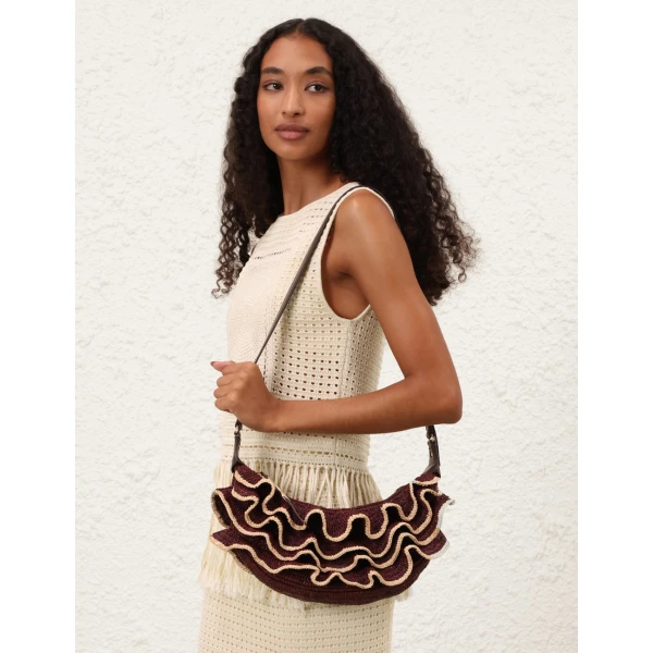 Zimmermann Goldentime Ruffle Shoulder Bag in Brown, view 2
