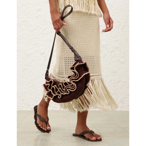Zimmermann Goldentime Ruffle Shoulder Bag in Brown, view 6