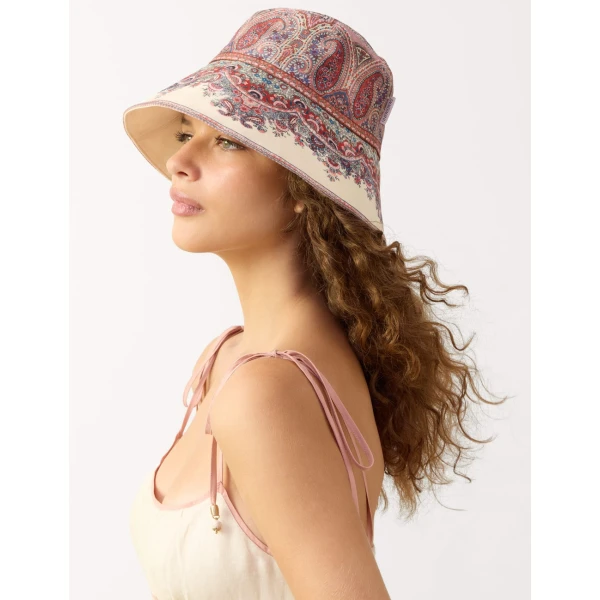 Zimmermann Printed Long Brim Bucket Hat in Multicolour | Hats | Luxury Shoes , view 2