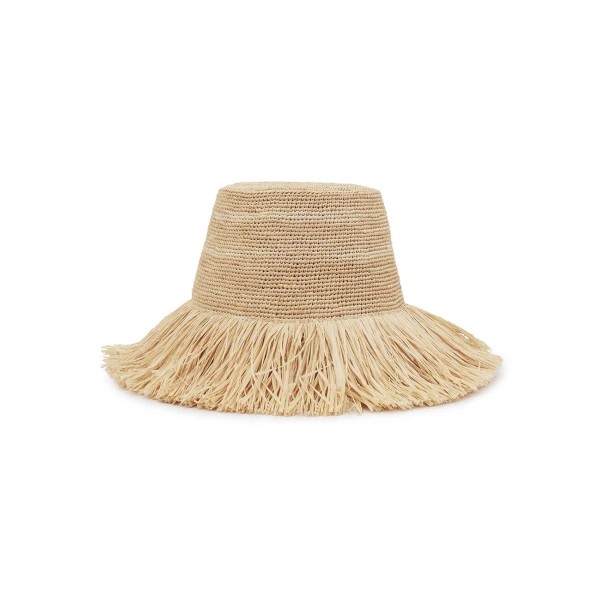 Zimmermann Raffia Fringe Bucket Hat in Beige | Hats | Luxury Shoes , view 3