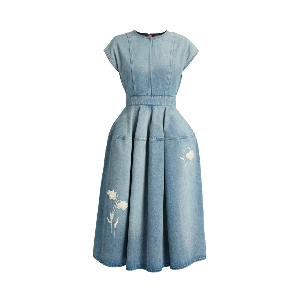 Erdem Embroidered Denim Short Sleeve Midi Dress | Midi Dresses | Luxury Shoes 