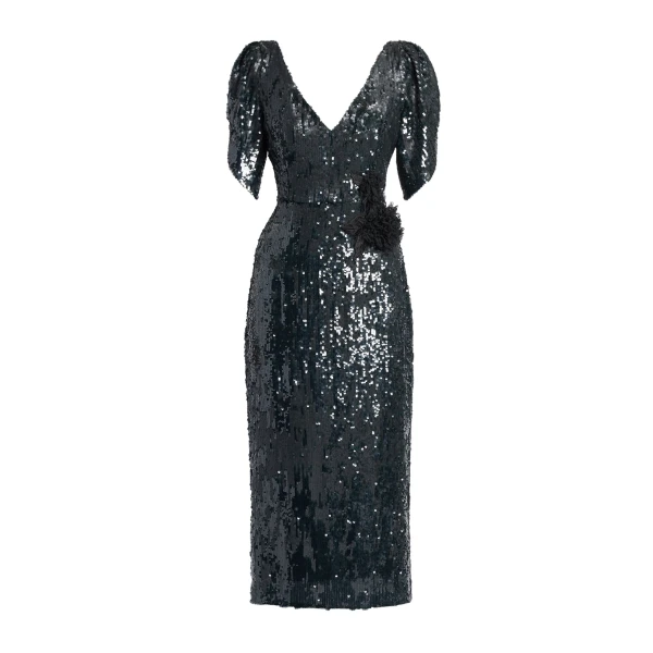 Floral Applique Sequin Midi Pencil Dress
