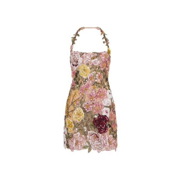 Beaded Mixed Botanical Embroidered Cocktail Dress