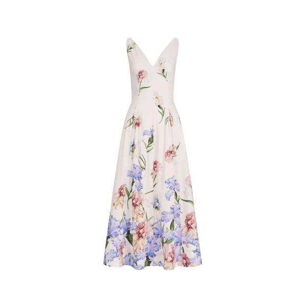 Sleeveless V Neck Large Iris Degrade Poplin Dress